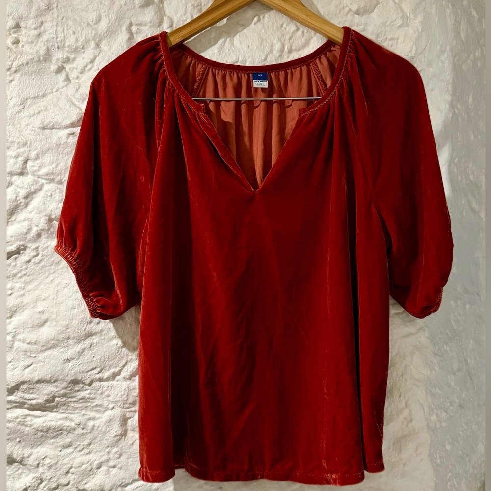 Old Navy Cherry Fizz Red Velvet Blouse with v-neck and peasant puff sleeves